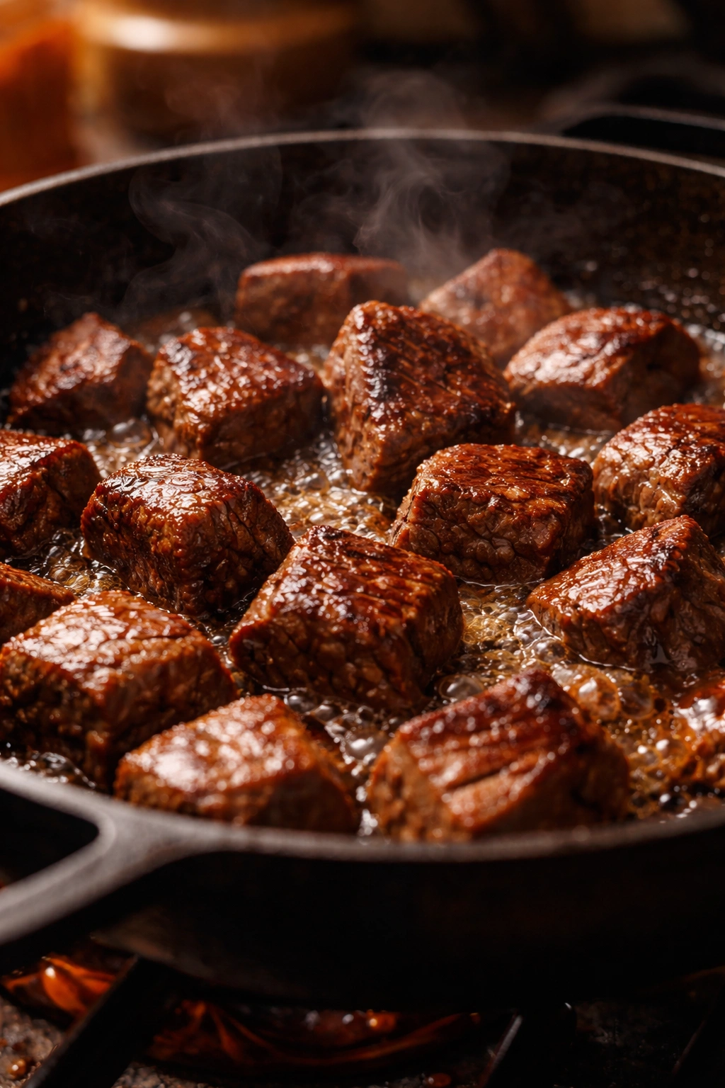 Beef browning in a pan with crust formation