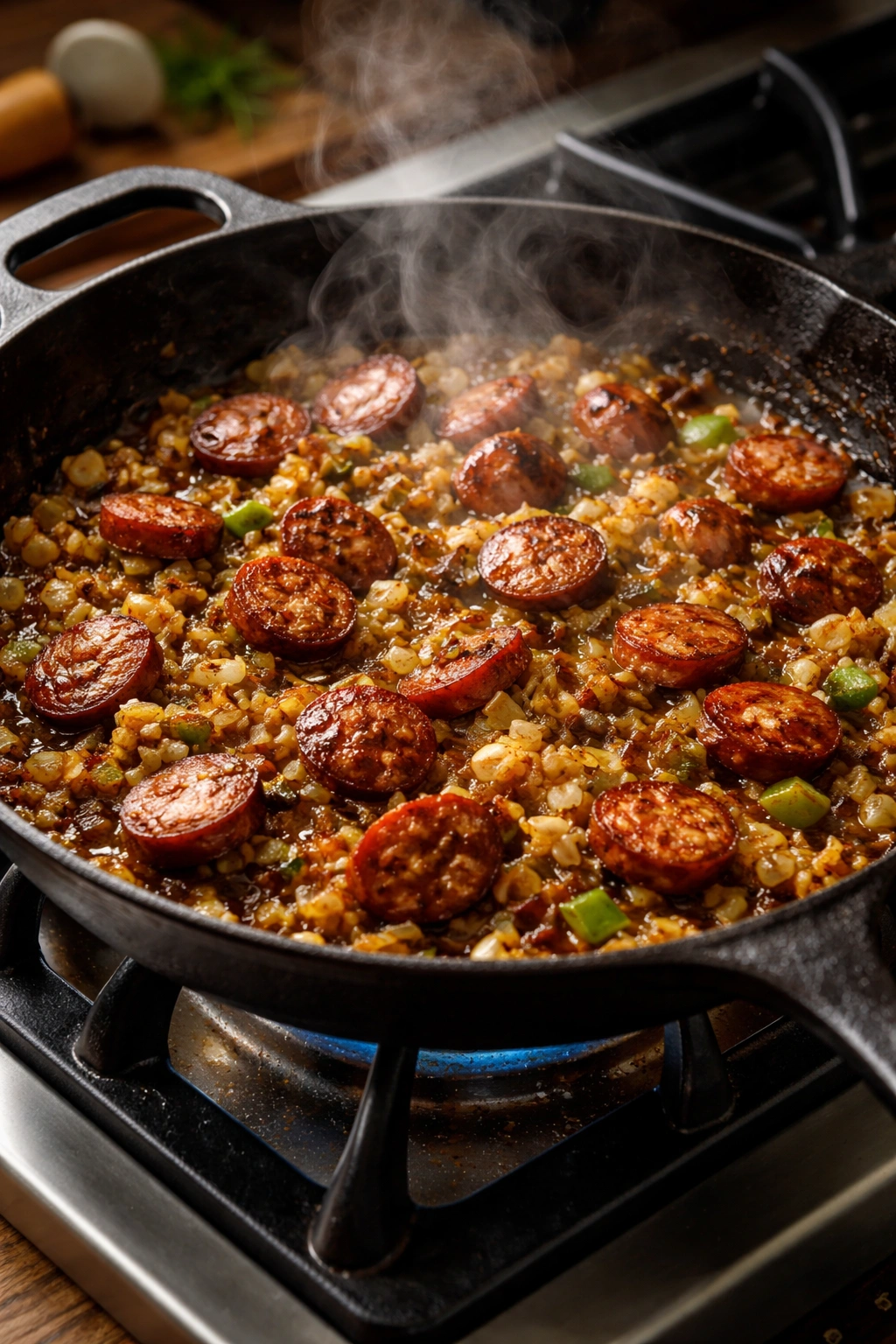 Close-up of browned sausage and caramelized vegetables in a skillet showing fond