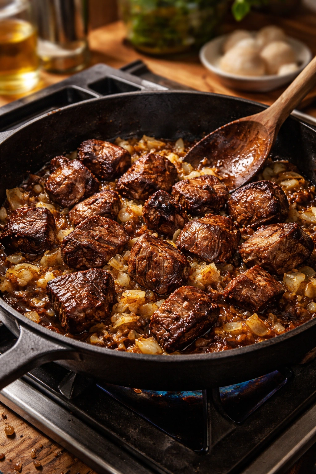 Skillet with browned meat and aromatics browning on a stove