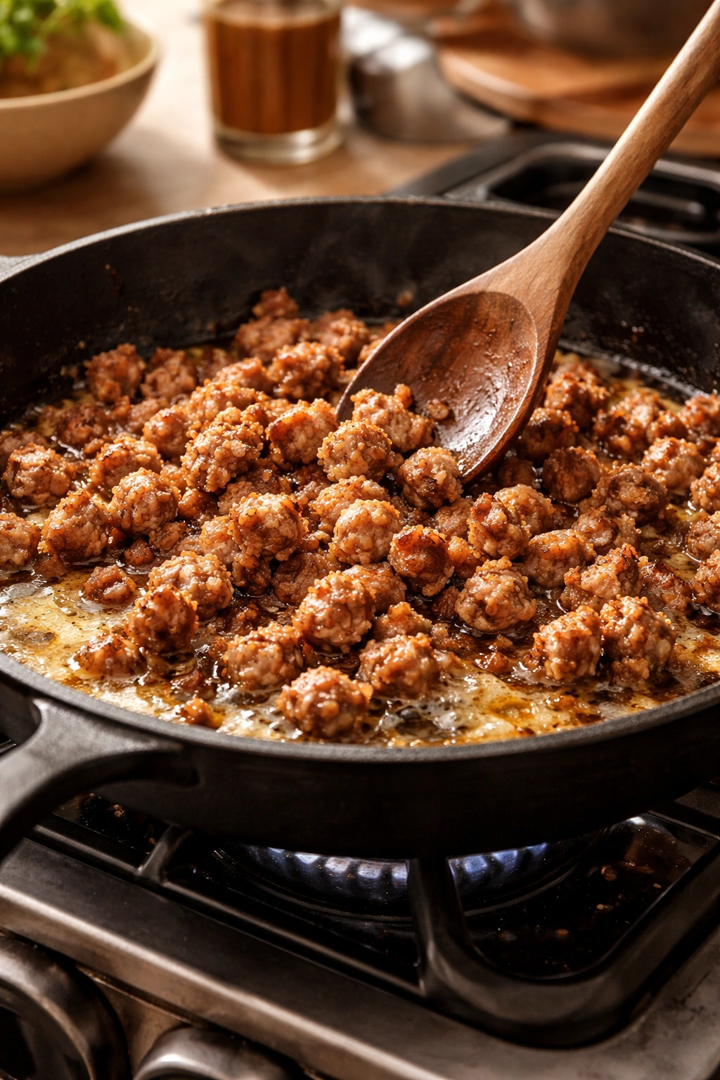 Skillet with browned sausage and rendered fat for sausage gravy