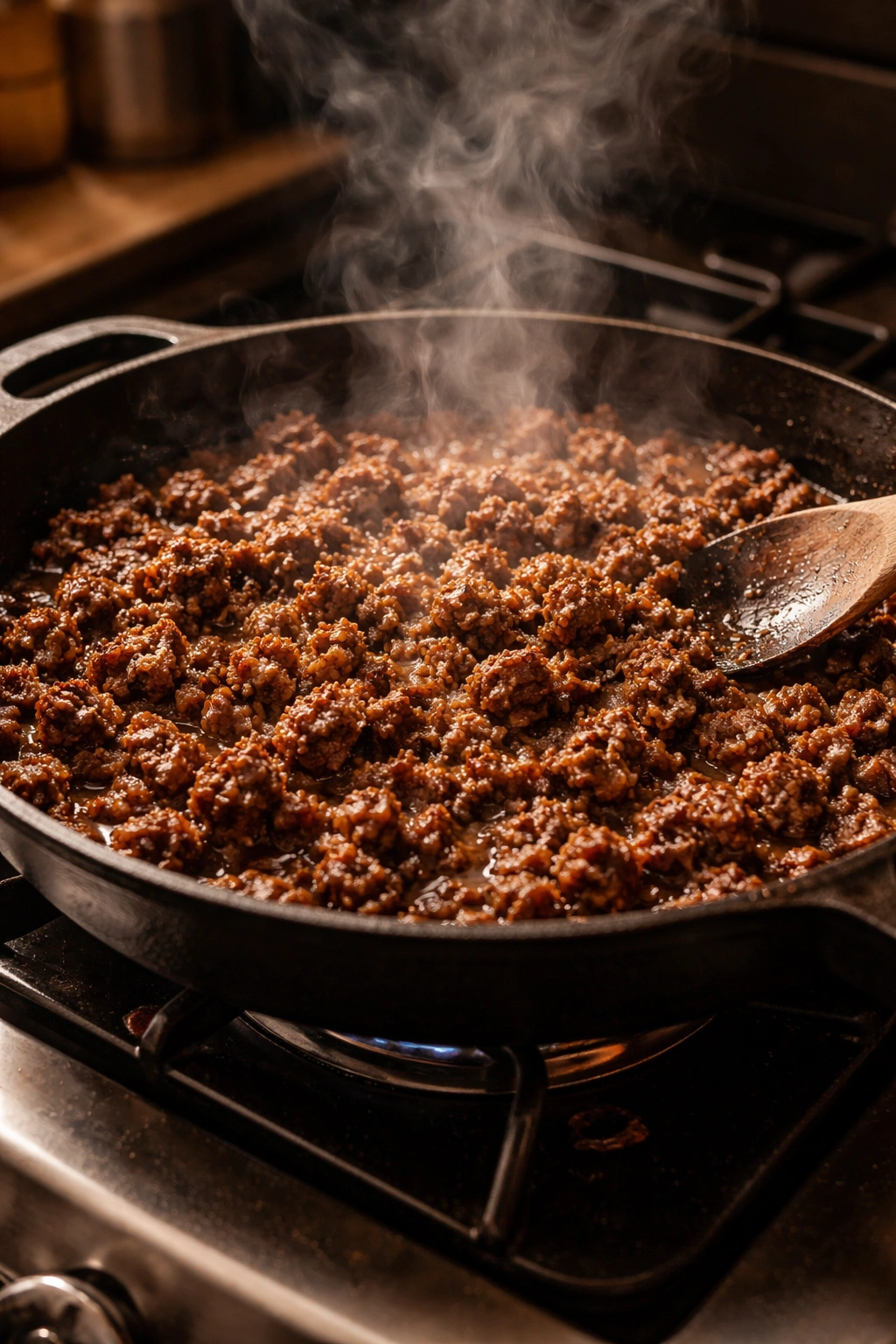 Skillet of browned ground beef with caramelized crust and gentle steam