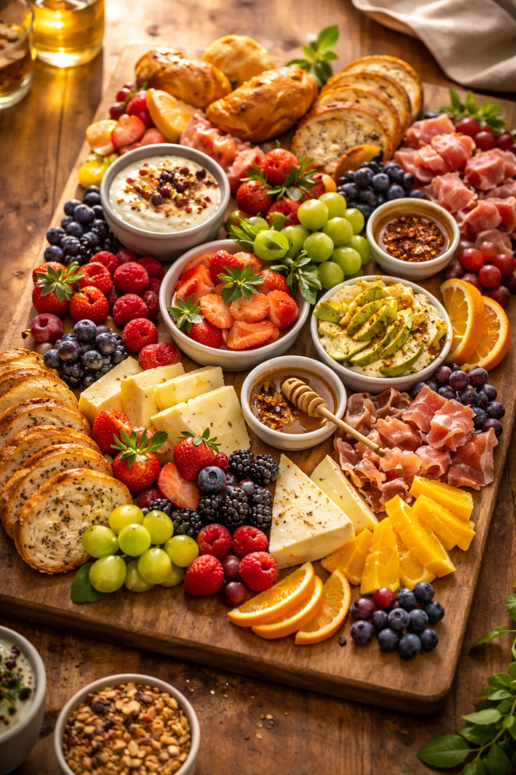 Brunch board with cheeses, fruit, and crackers on a wooden board, photographed from above in warm lighting