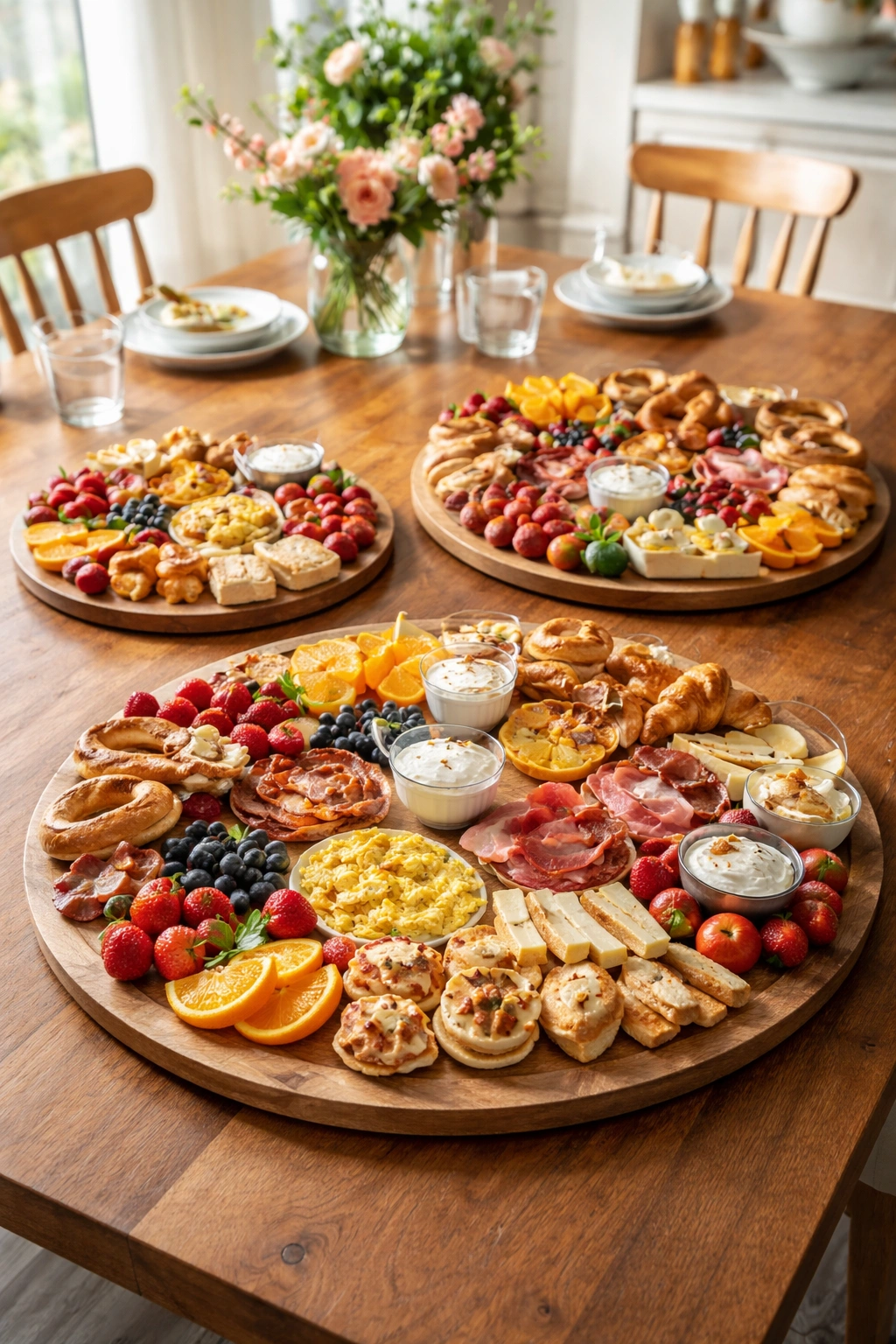 Multiple brunch boards of different sizes arranged on a wooden table for scale and layout.