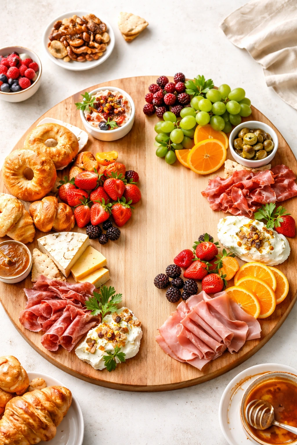 Brunch board with ample negative space and well-spaced clusters.