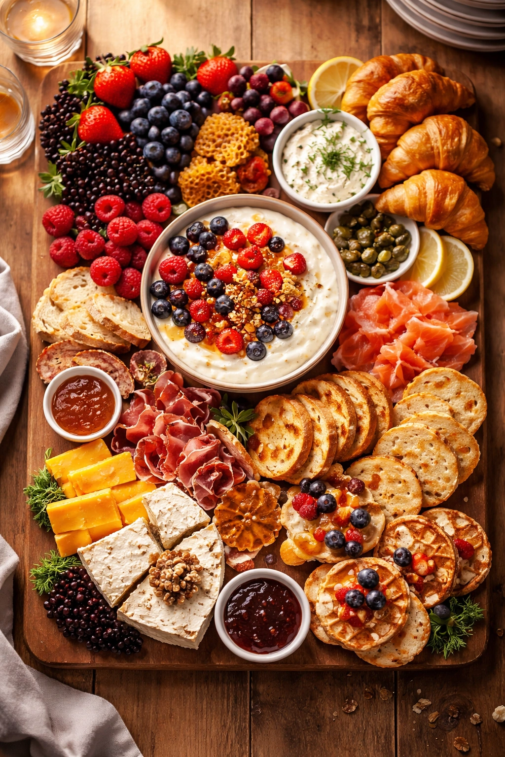 Top-down view of a brunch board with segmented sections and clustered foods.