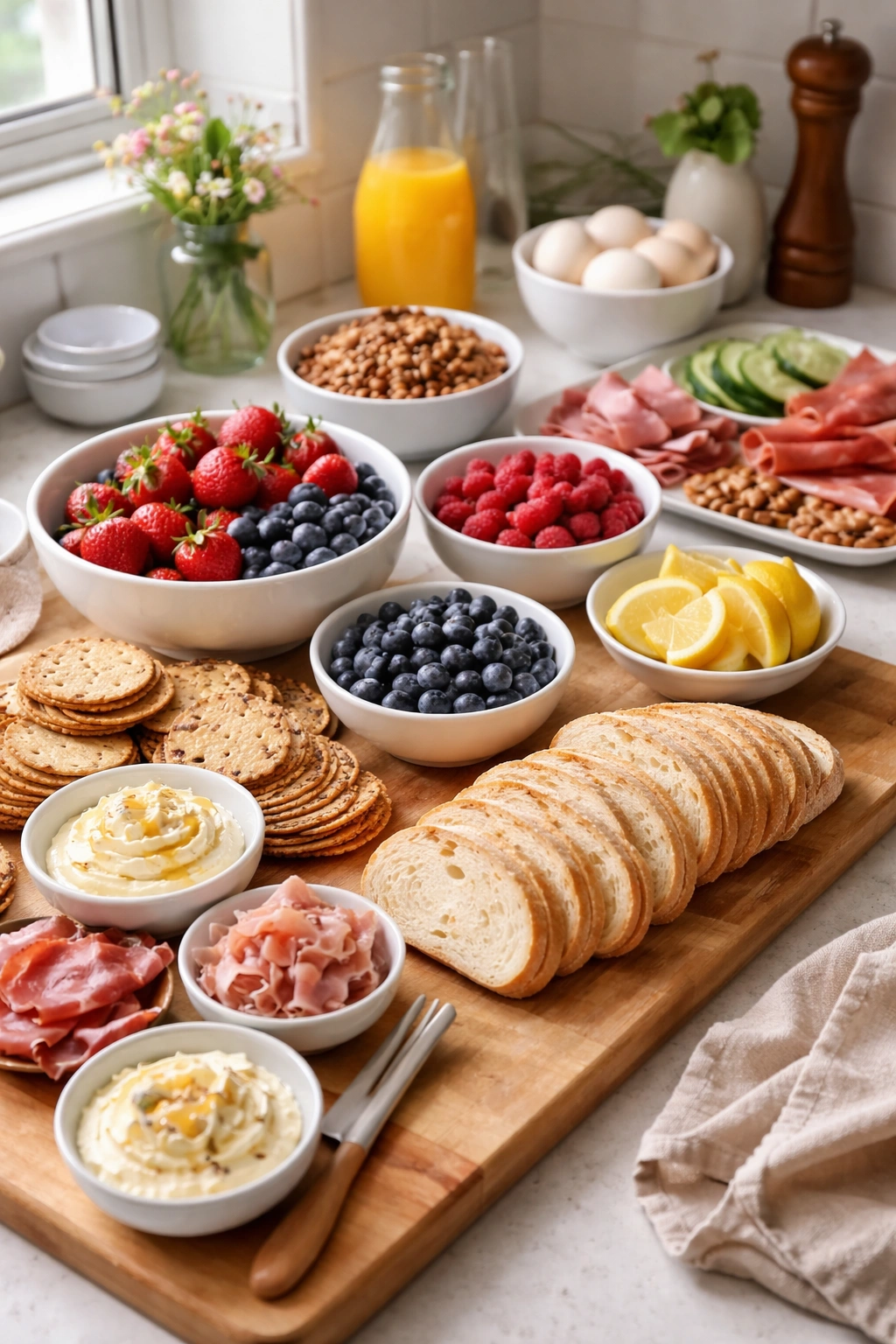 Prep station with berries, bread, and crackers ready for board assembly.