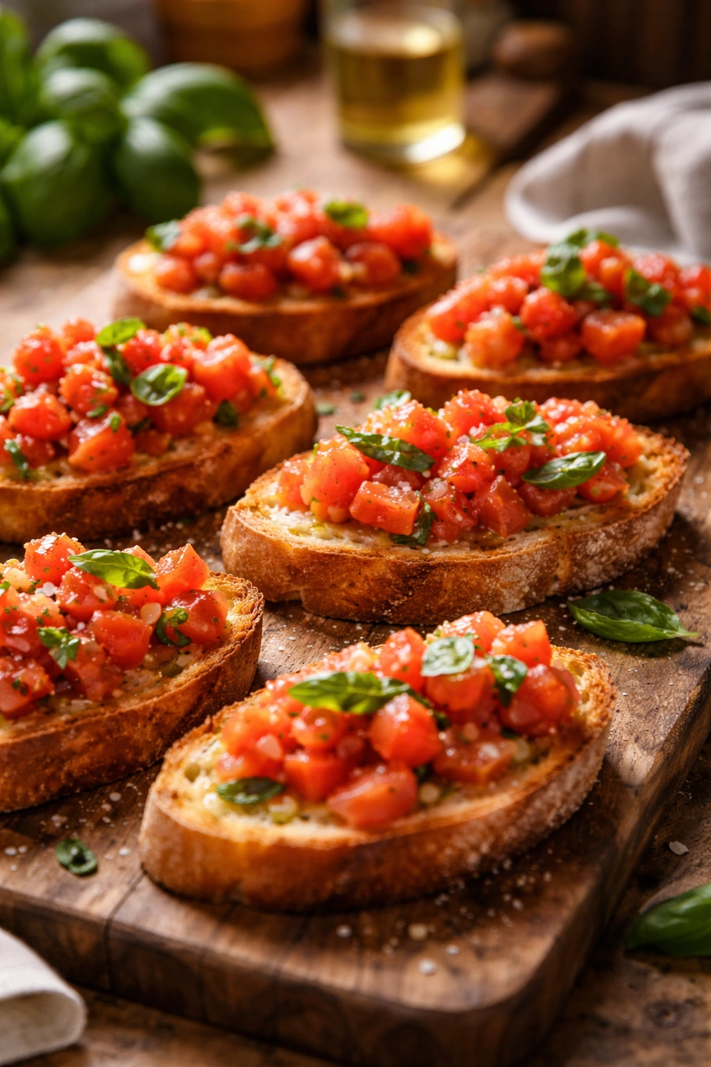 Close up of bruschetta slices with tomato and basil on wooden board
