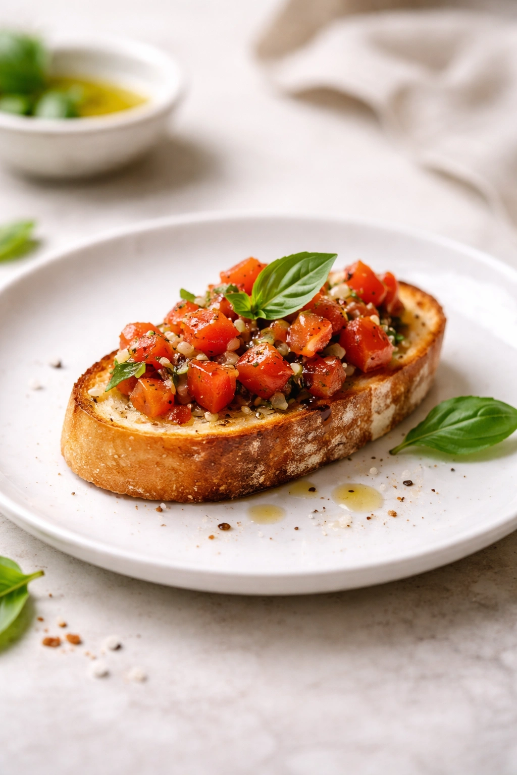 Single bruschetta slice plated simply to reflect final thoughts on a quick, elegant appetizer