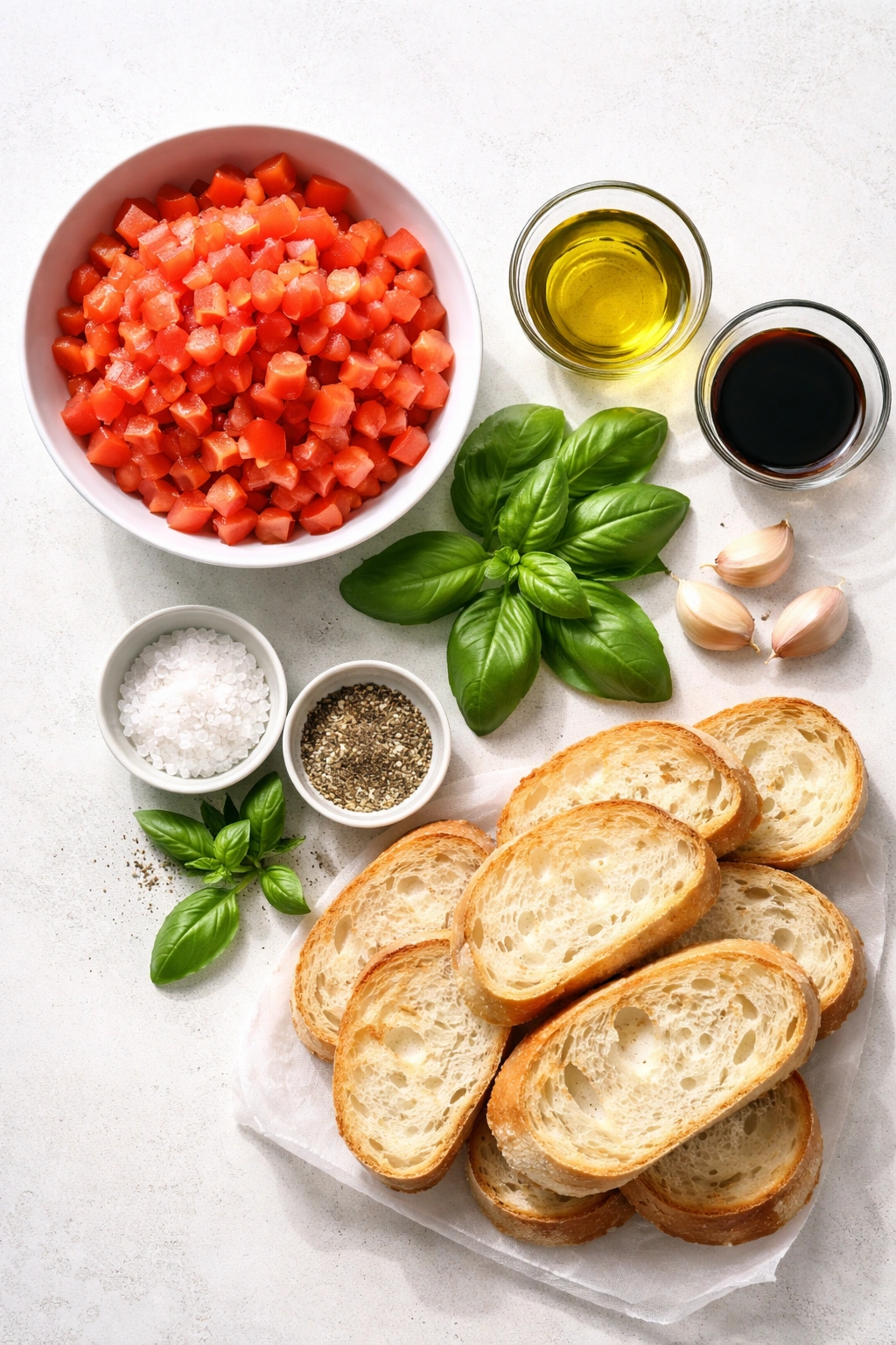 Top-down view of bruschetta ingredients neatly arranged: tomatoes, torn basil, olive oil, garlic, salt, pepper, bread