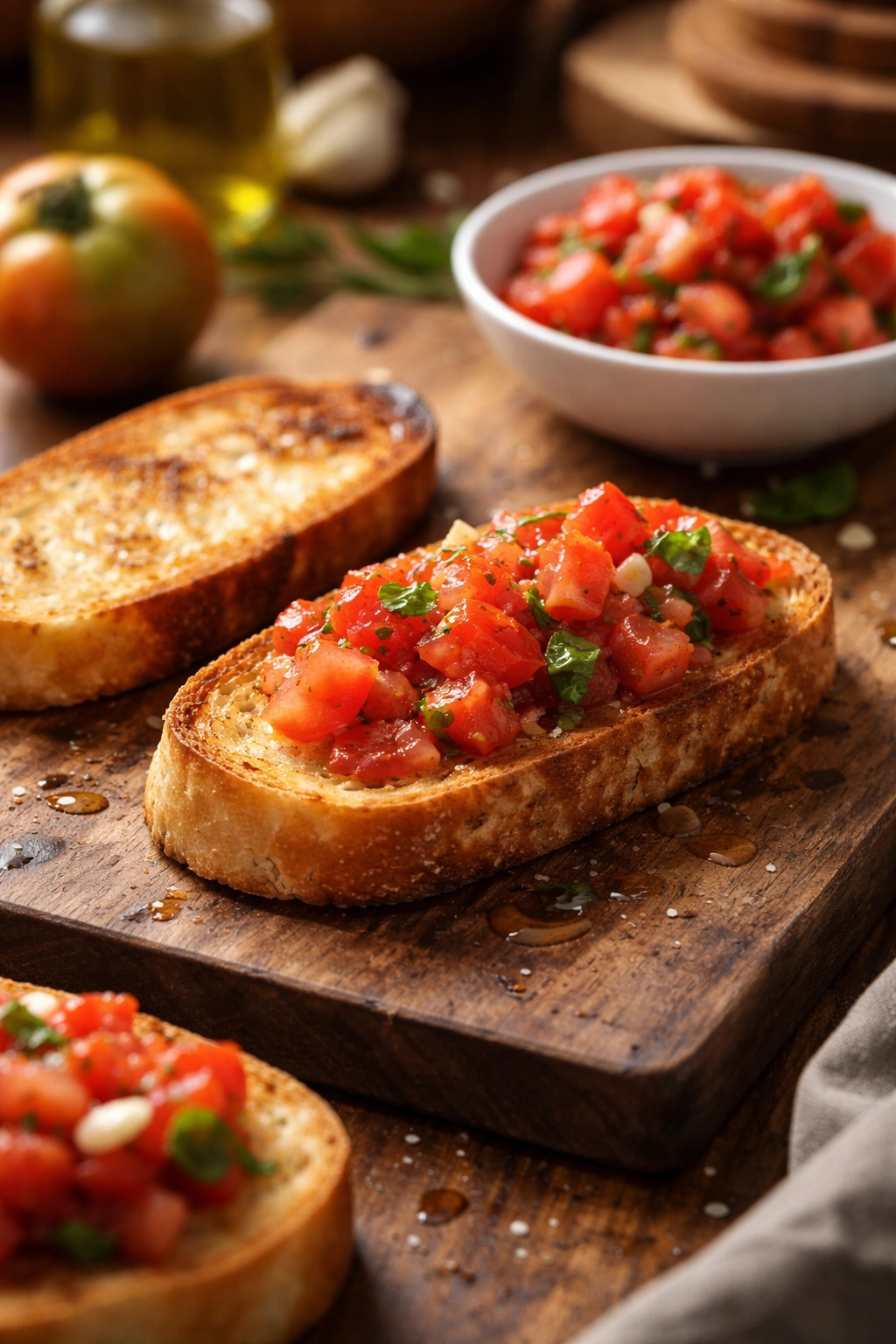 Crisp toasted bread slice on a wooden board with tomato topping nearby