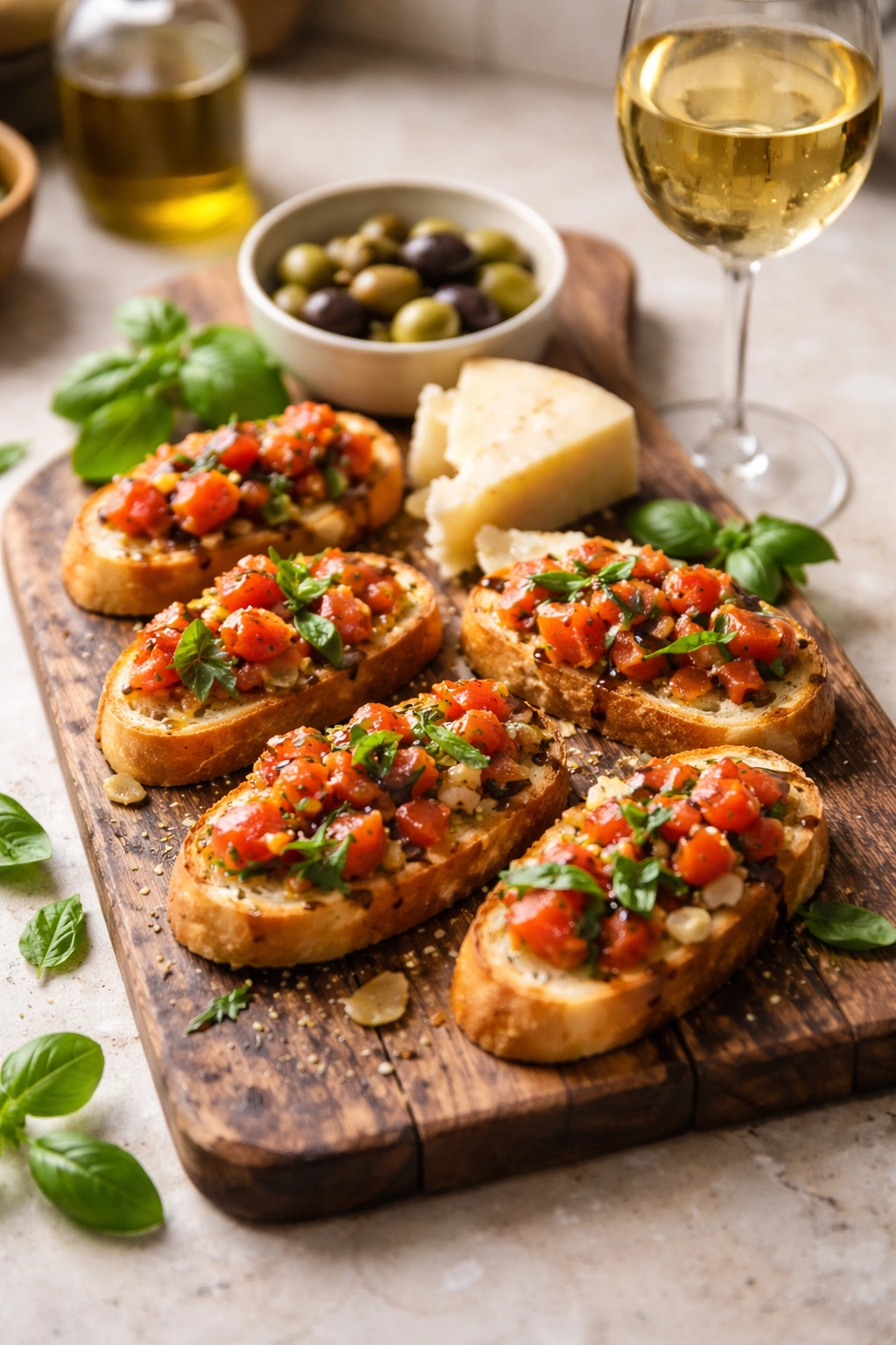 Bruschetta with olives and white wine on a rustic board for pairing and serving ideas