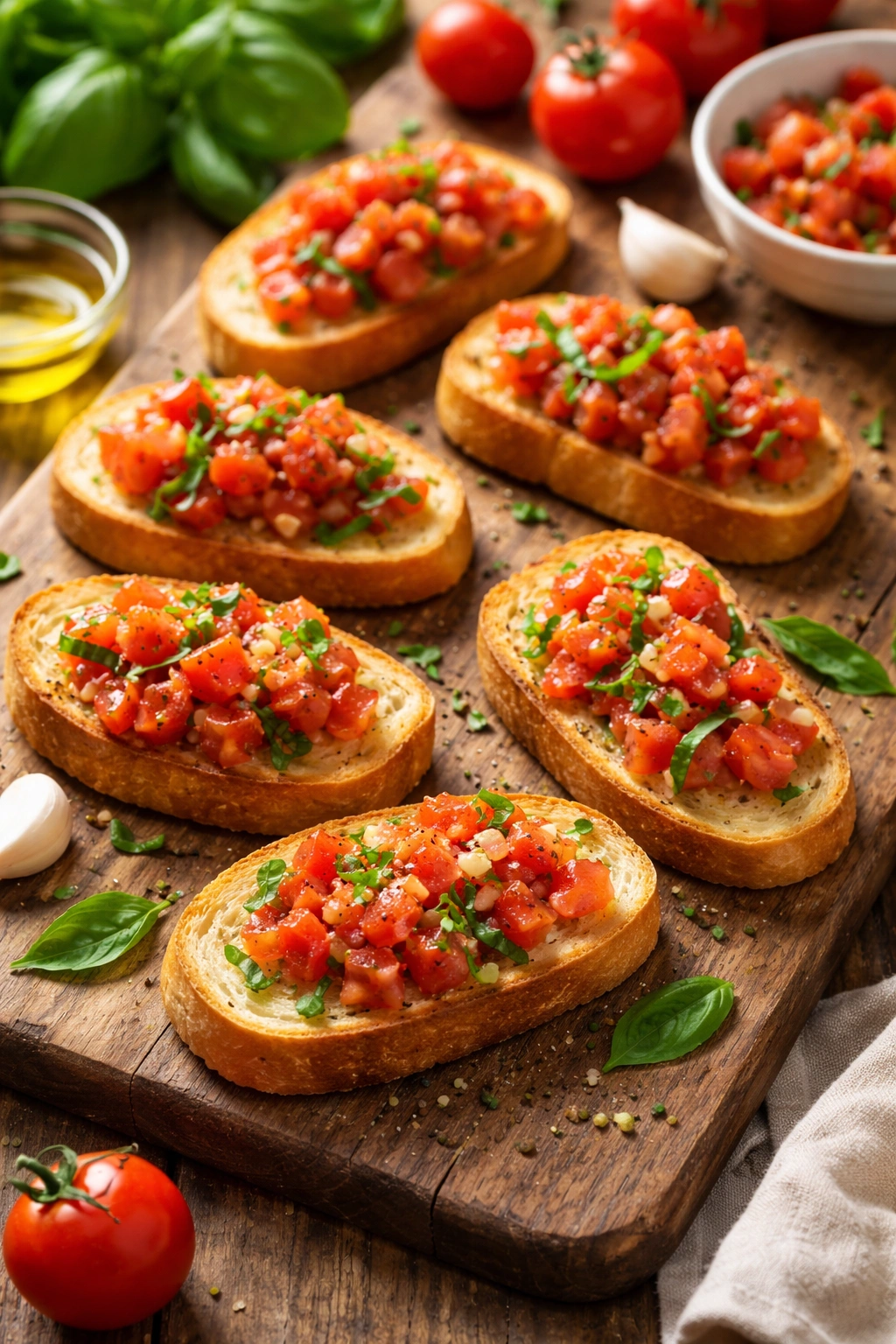Bruschetta with tomato, basil, and garlic on toasted bread