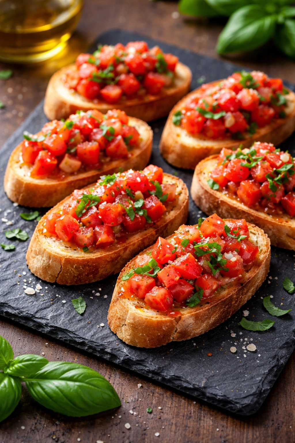 Toasted bruschetta slices with tomato topping on a dark board
