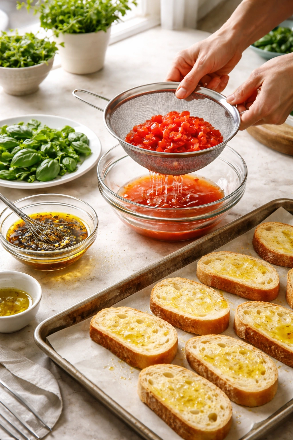Hands draining tomatoes in a sieve with basil and dressing nearby on a bright kitchen counter