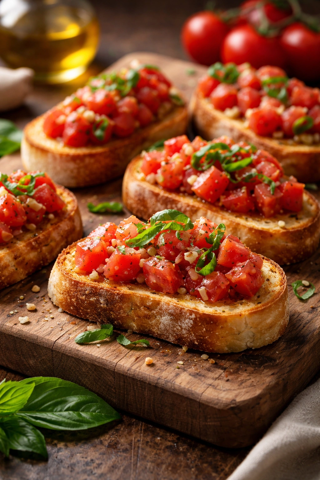 Close-up of bruschetta with tomatoes and garlic on toasted bread