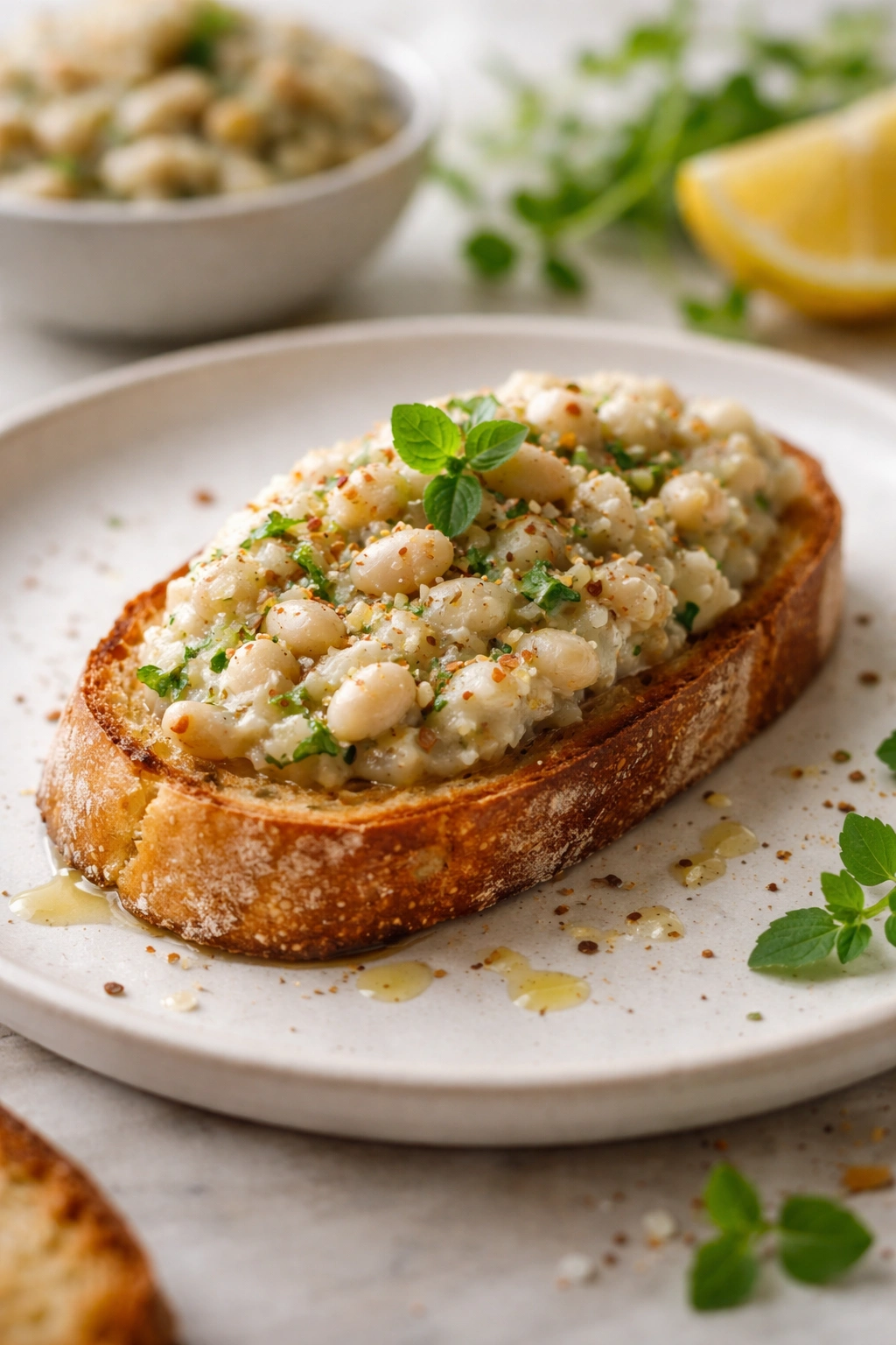 Bruschetta slice with white bean herb topping on a clean plate