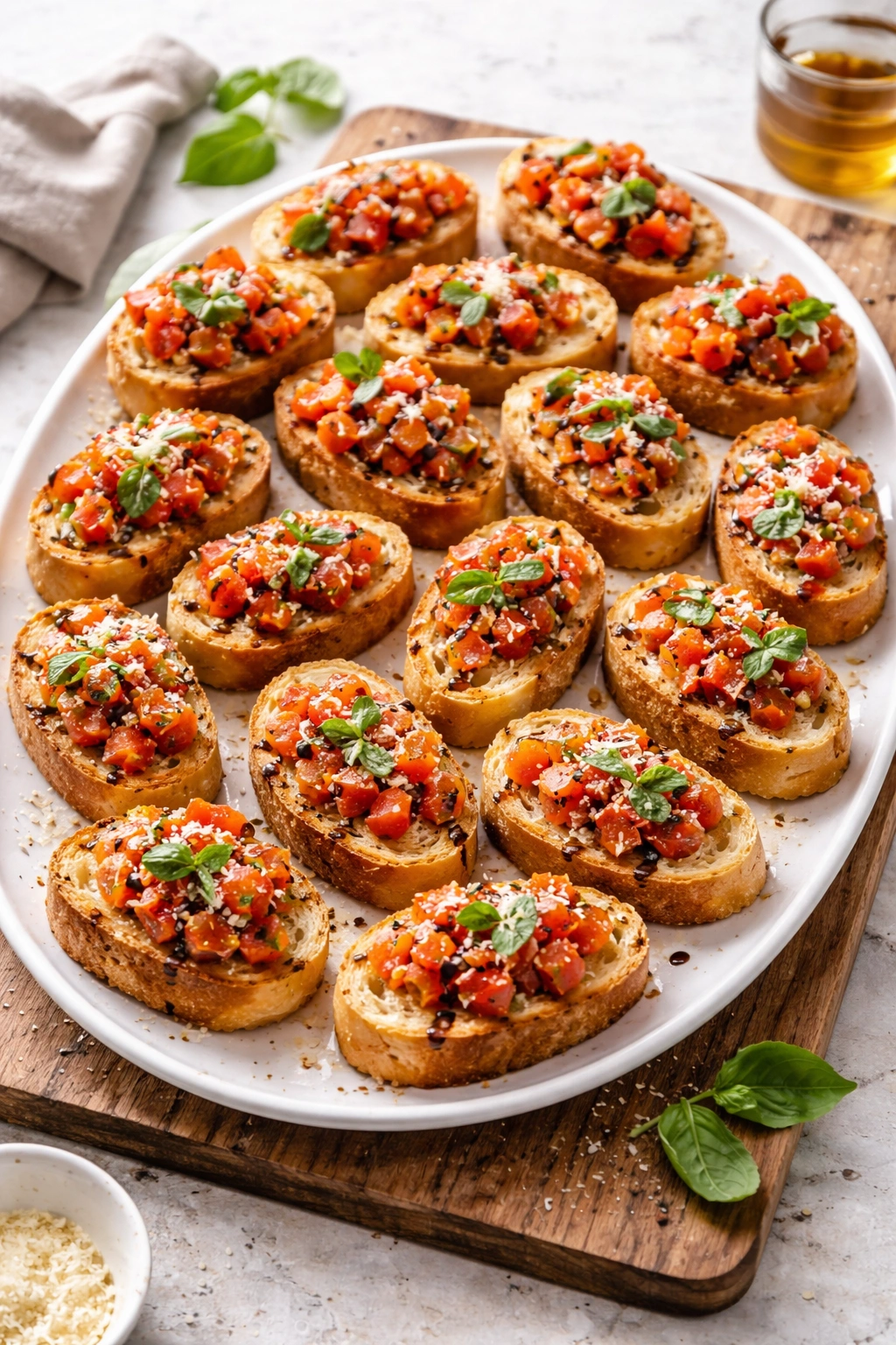 Platter of bruschetta pieces showing about 24 servings