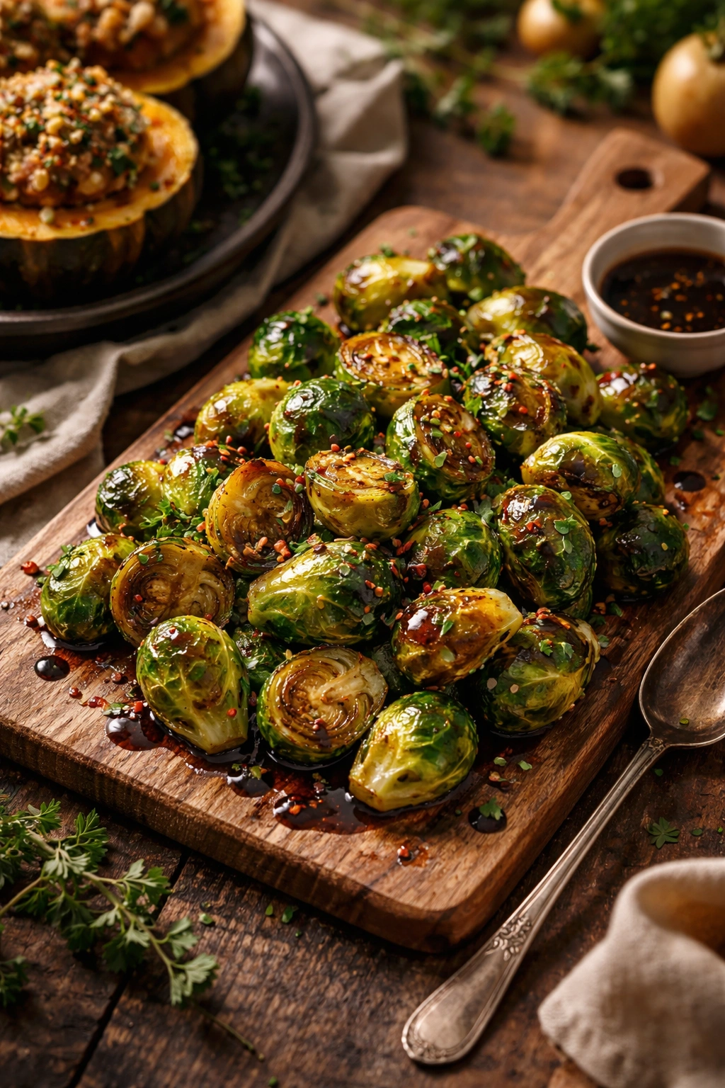 Roasted Brussels sprouts with balsamic glaze on a rustic wooden board