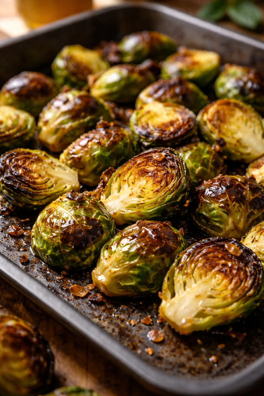 Close-up of roasted Brussels sprouts with crispy edges on a baking sheet