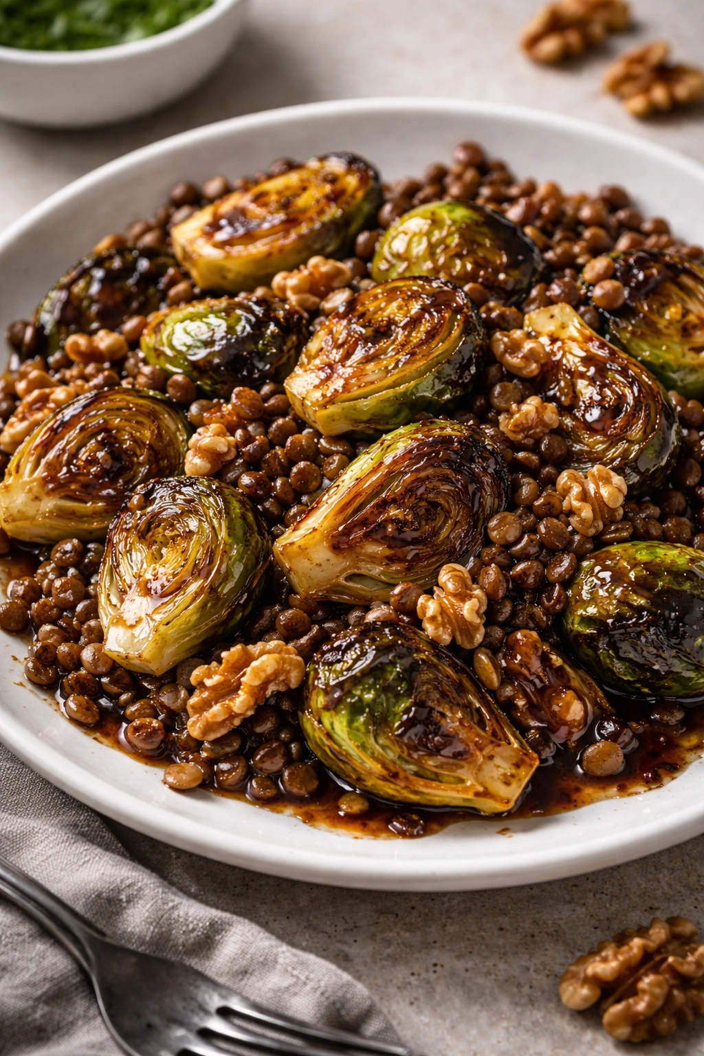 Balsamic roasted Brussels sprouts with lentils and walnuts