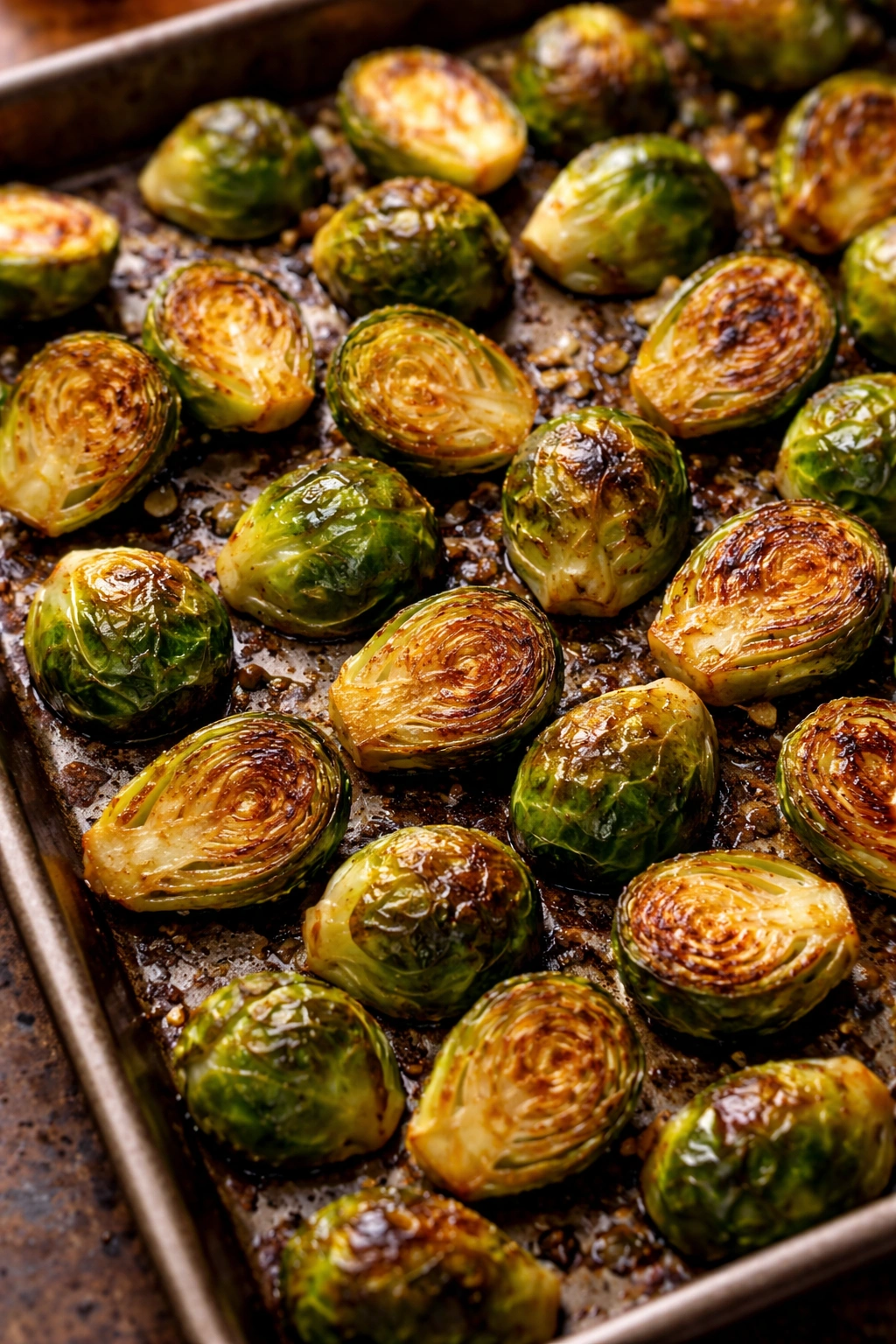 Halved Brussels sprouts roasted to golden brown on sheet pan