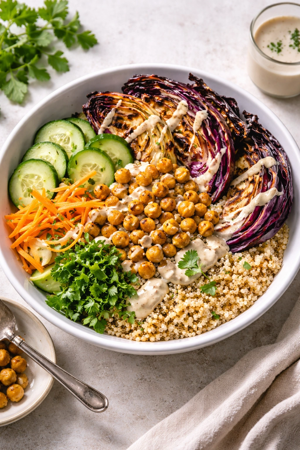 Colorful Buddha bowl with charred cabbage, chickpeas, and grains with tahini dressing
