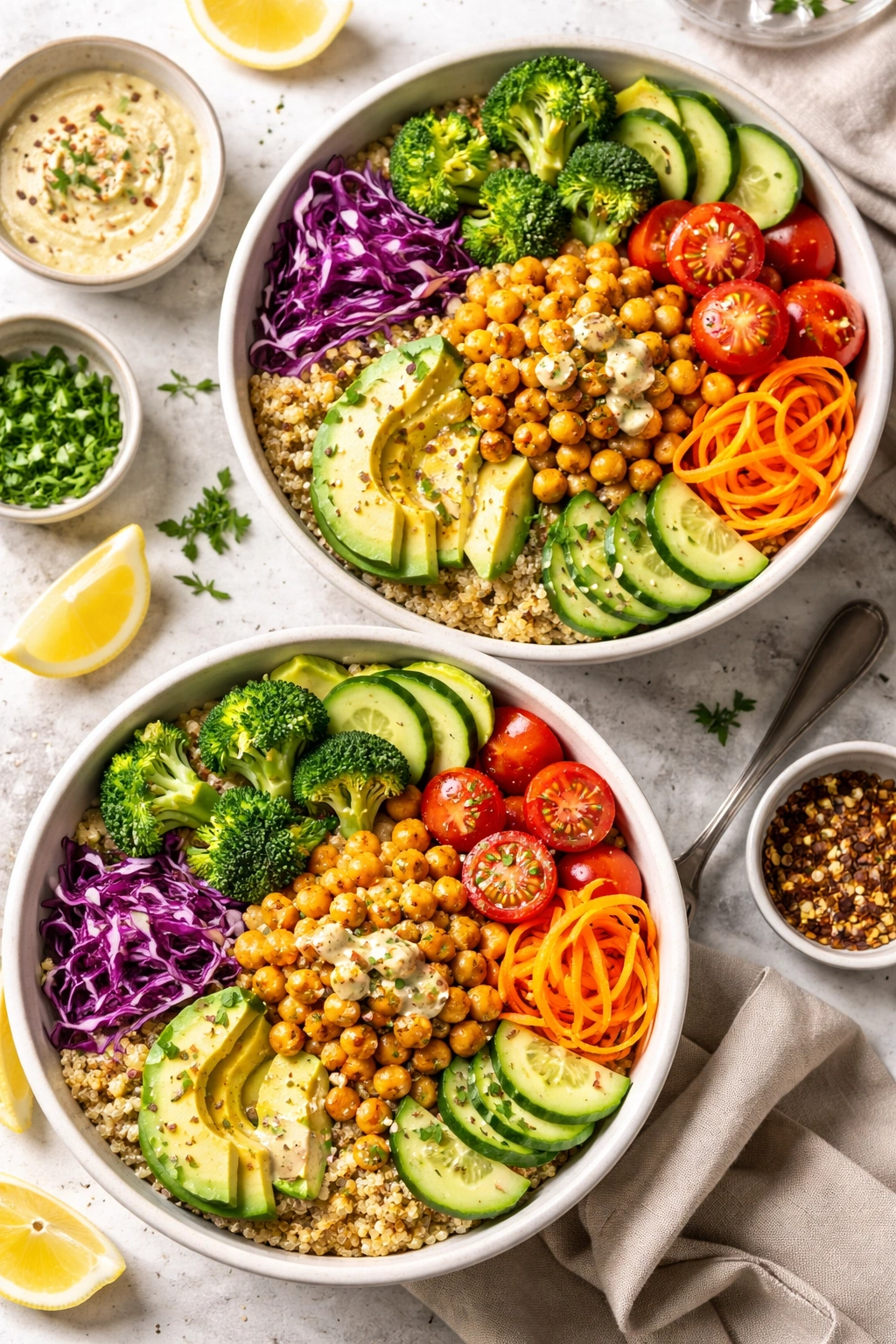 Colorful buddha bowl with chickpeas, grains, and vegetables