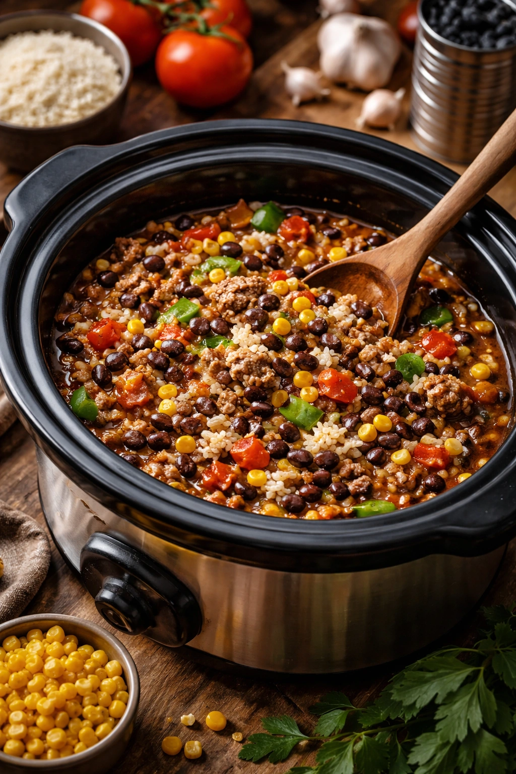 Close-up of slow cooker insert with meat, black beans, rice, and vegetables in thick sauce
