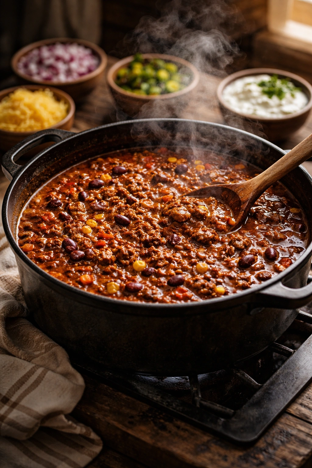 Hearty pot of chili with beans and meat simmering on a stove