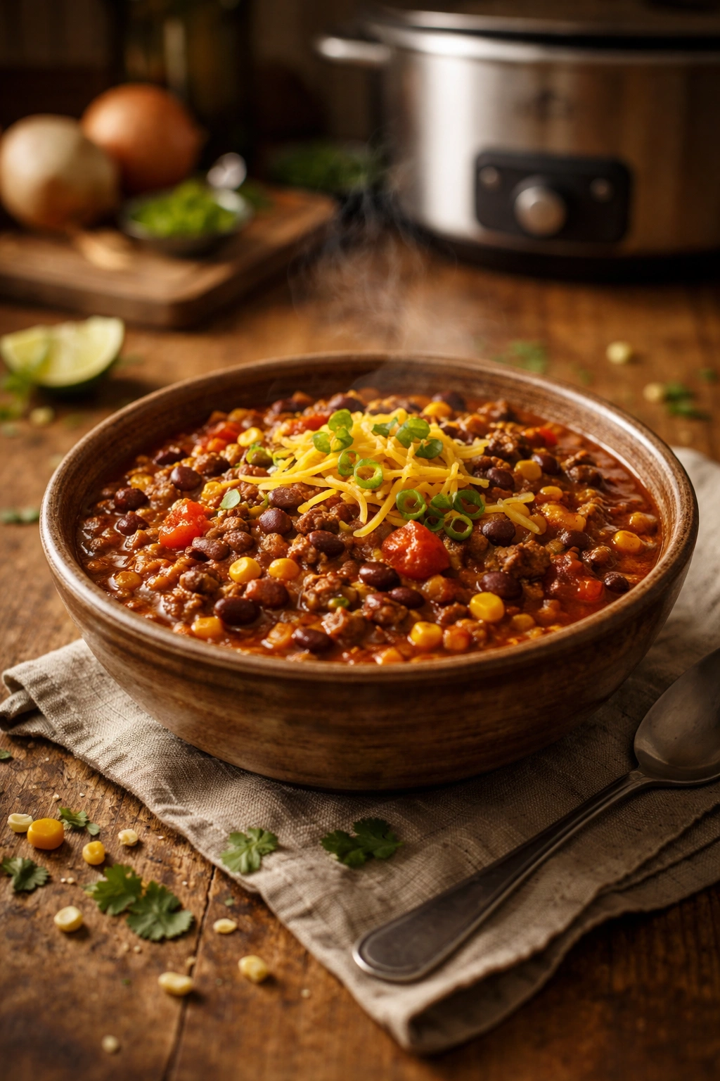 Bowl of chili representing affordable slow-cooker dinner