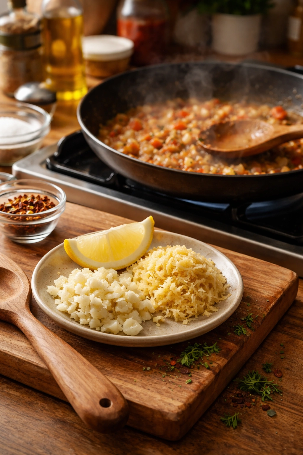 Close-up of budget-friendly flavor bases with garlic, ginger, and lemon ready for cooking