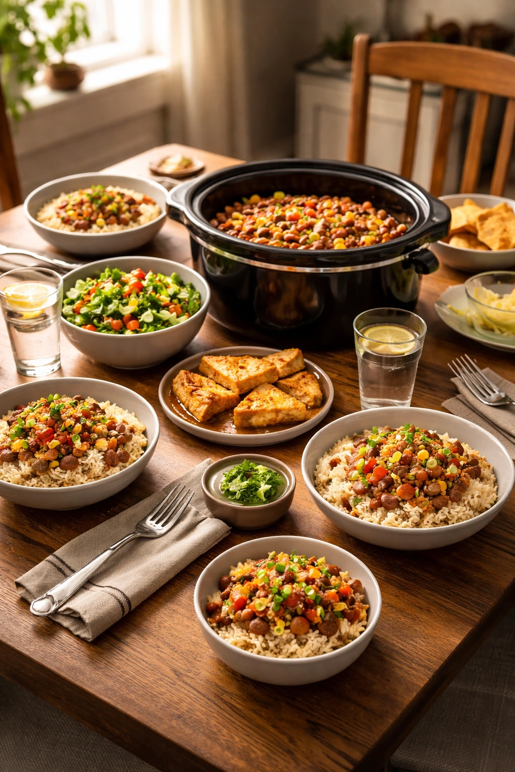 Four plates around a budget-friendly dinner with rice and beans and a slow cooker in a cozy kitchen.