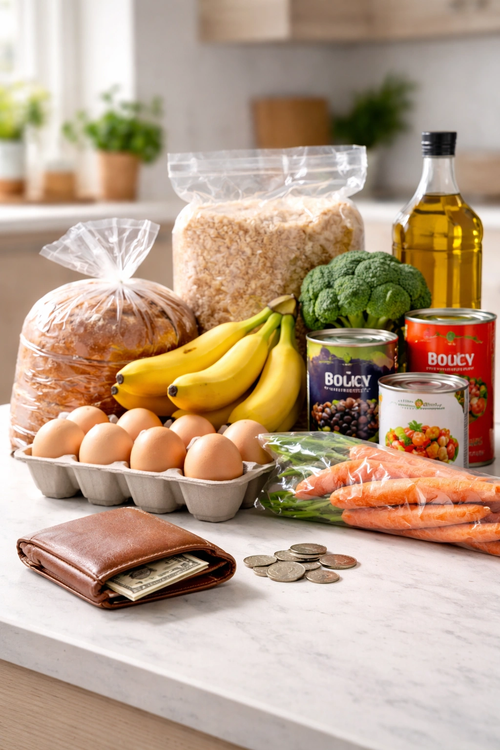 Wallet with coins and groceries on a counter illustrating budget-friendly weekly shopping