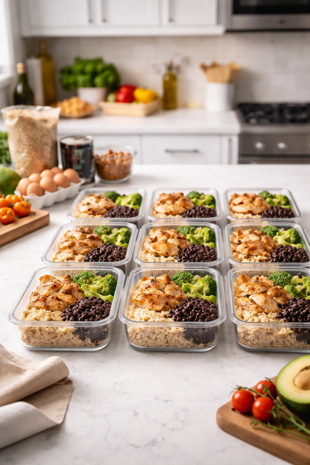 Top-down view of a kitchen counter with meal-prep containers containing rice, beans, and chicken, illustrating budget savings.