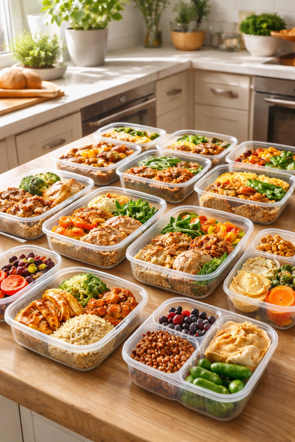 Budget meal prep organized in a kitchen with varied affordable ingredients in containers, long-term sustainability