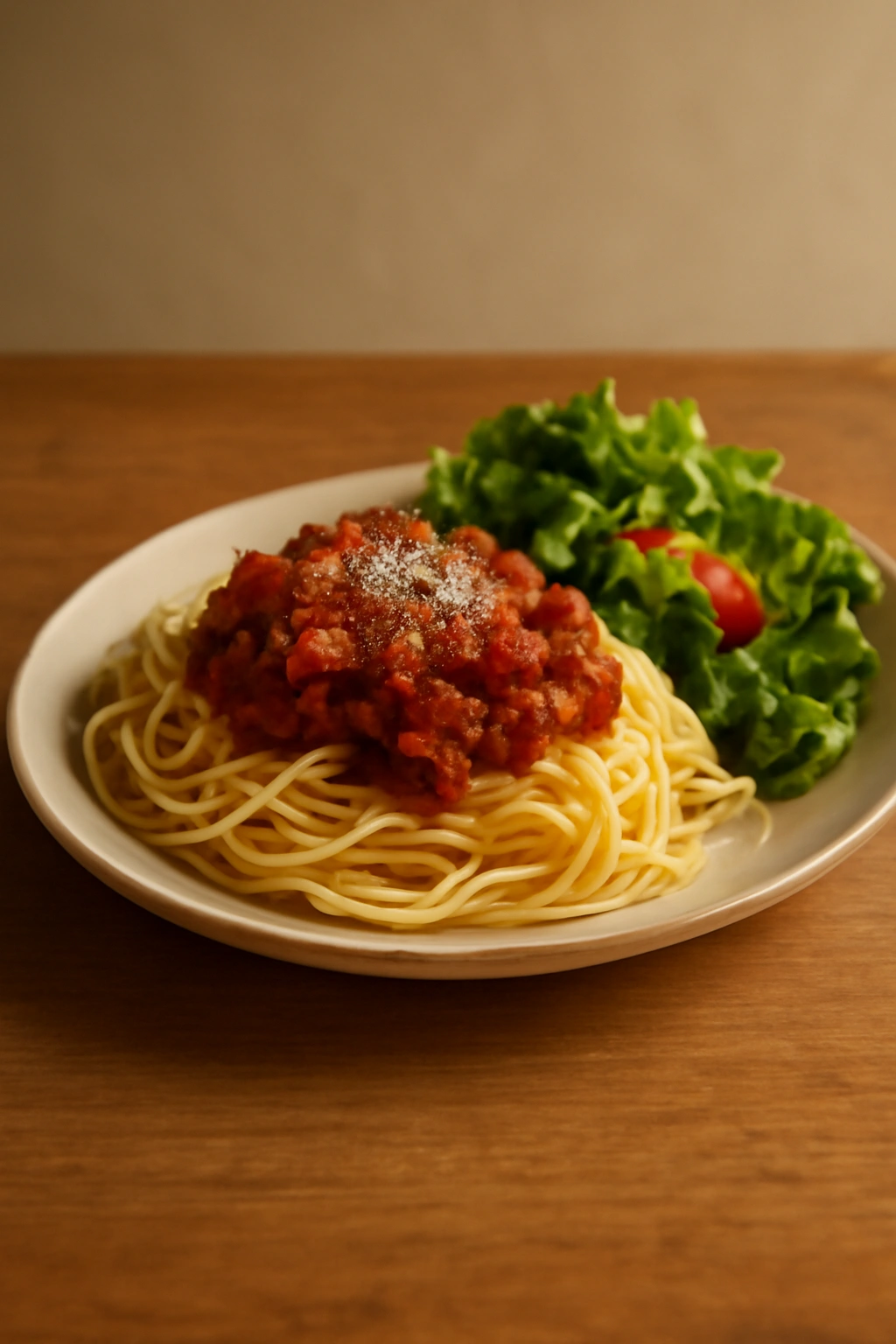 Minimal still-life of a budget-friendly meal on a wooden table