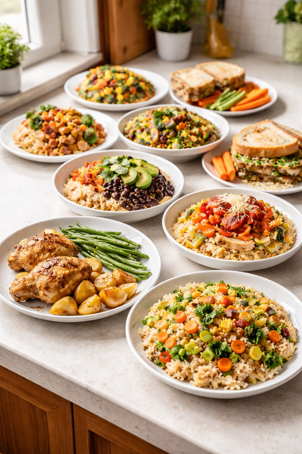 Overhead view of multiple plates representing a week of budget meals