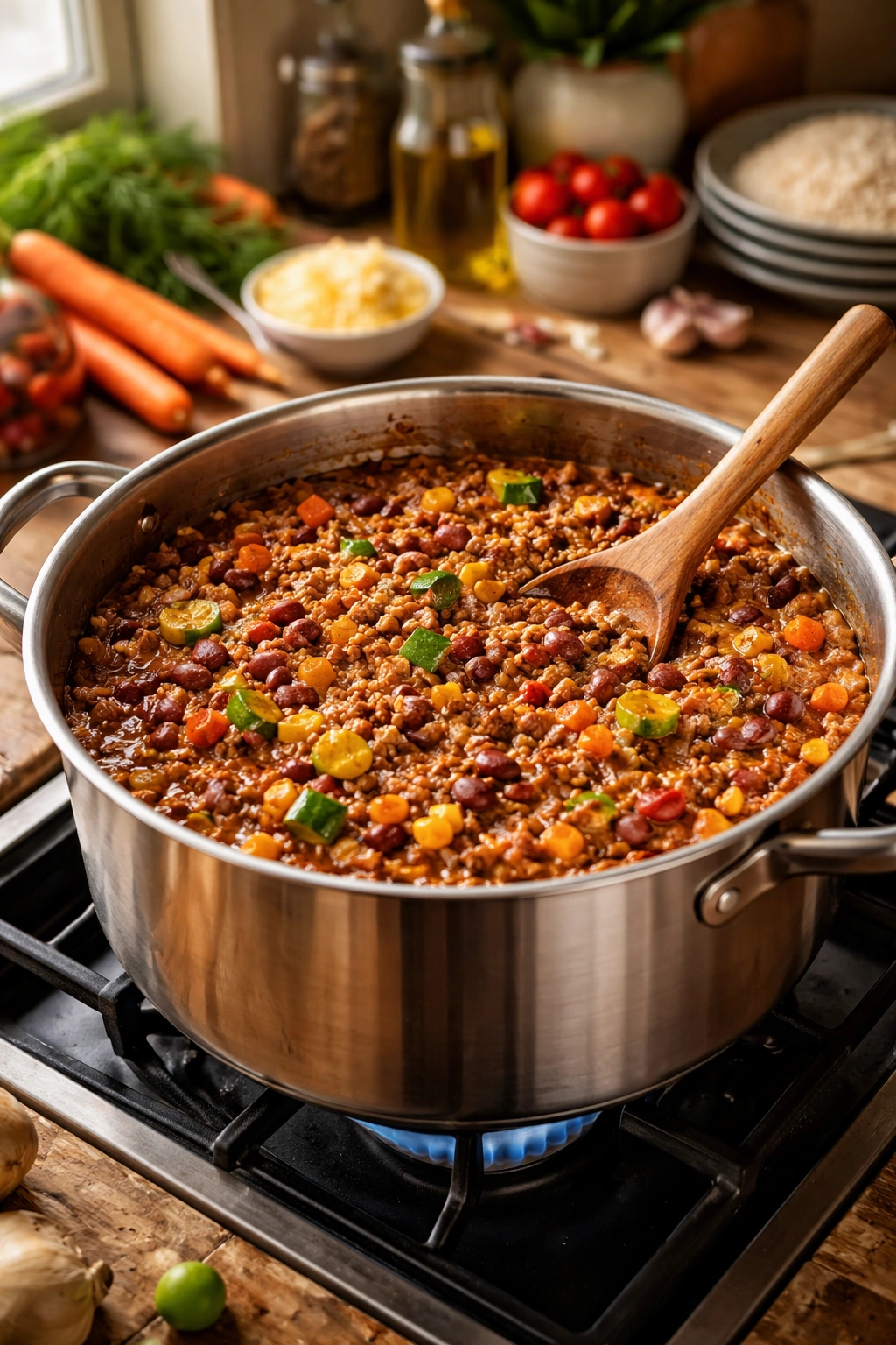 Pot of mince-based budget-friendly family meal on stove