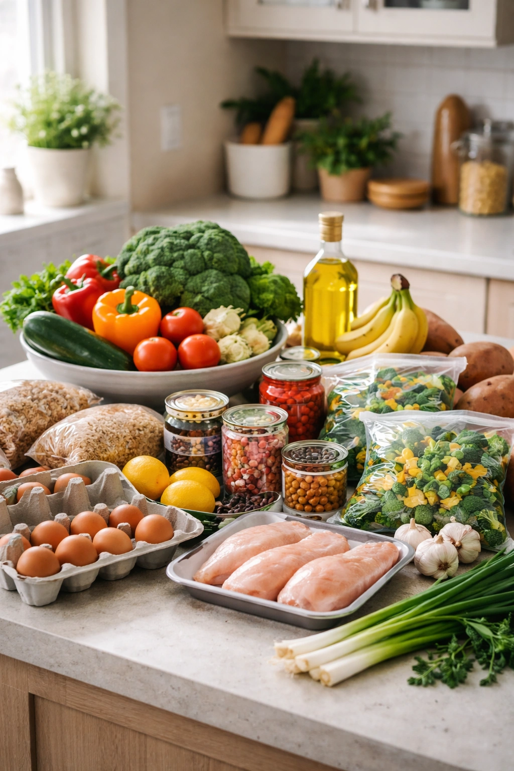 Fresh produce and frozen vegetables arranged to illustrate budget mindful shopping