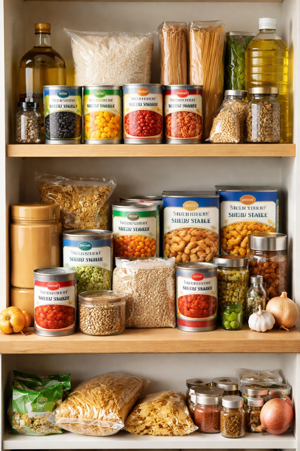 Pantry shelf with shelf-stable staples like beans, rice, pasta and tomatoes
