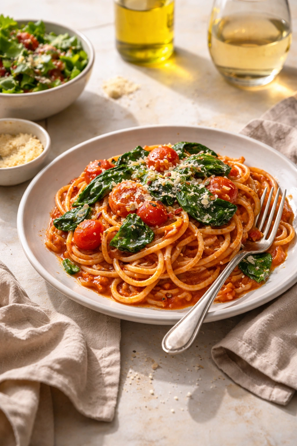 Plated pasta with tomato sauce and greens for a budget-friendly solo dinner