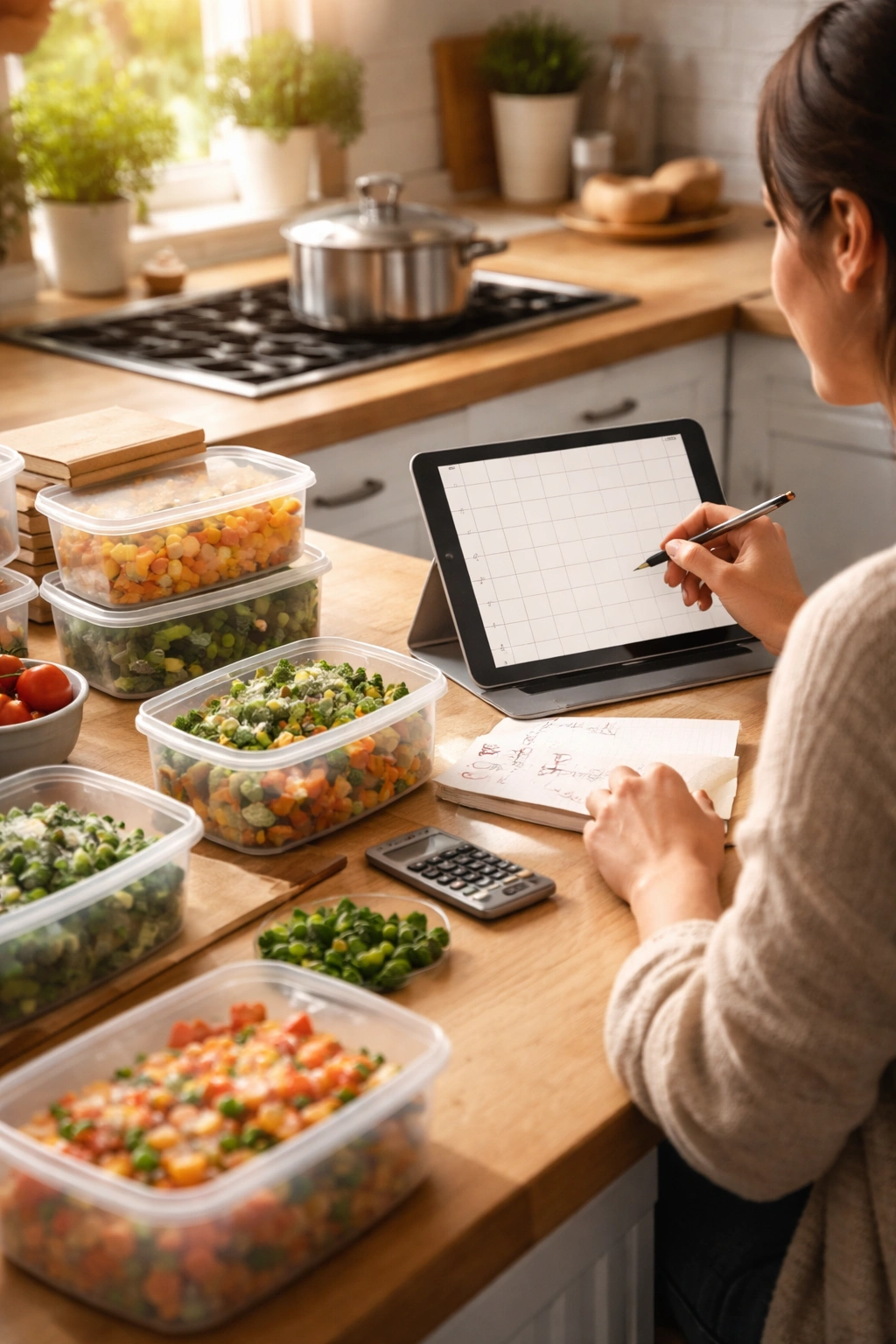 Final Thoughts scene of budget planning in kitchen with tablet, pot, and frozen vegetables.