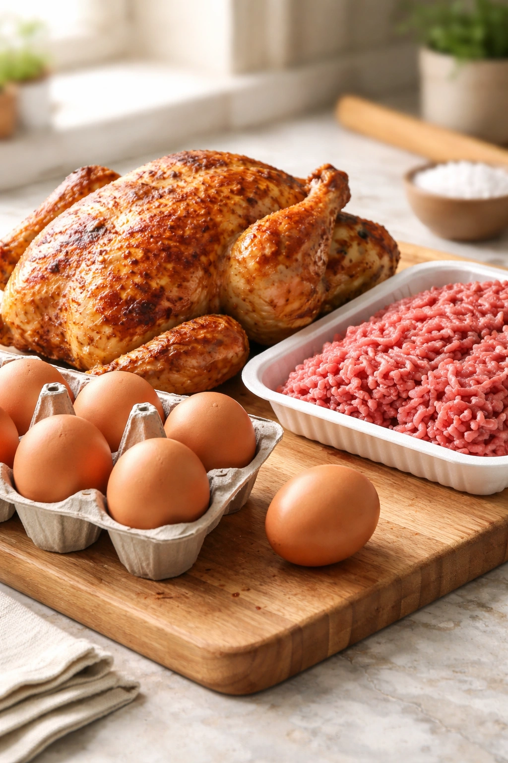 Rotisserie chicken, eggs, and ground meat arranged on a cutting board for budget proteins