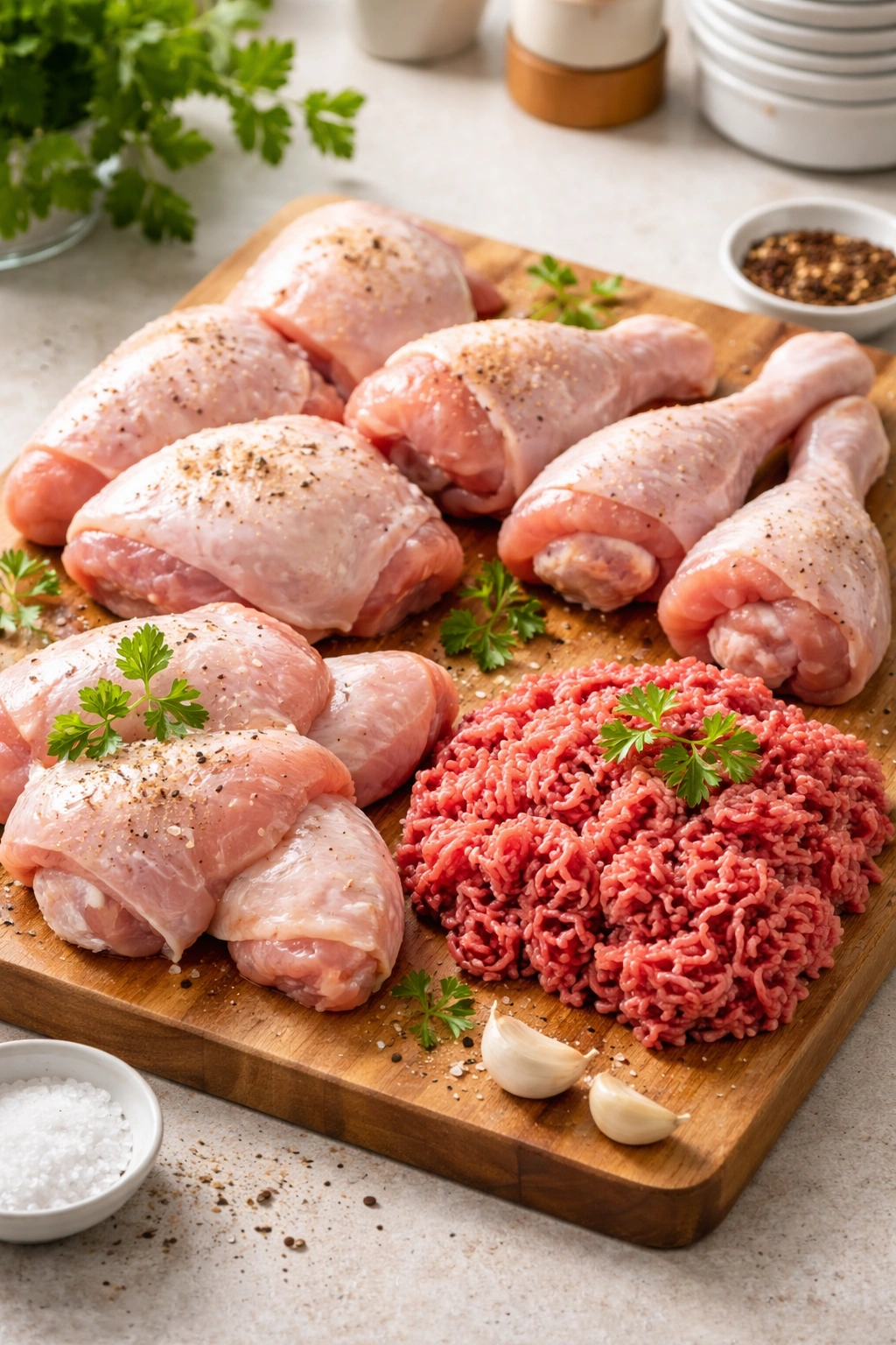 Raw chicken thighs and drumsticks and ground beef on a cutting board