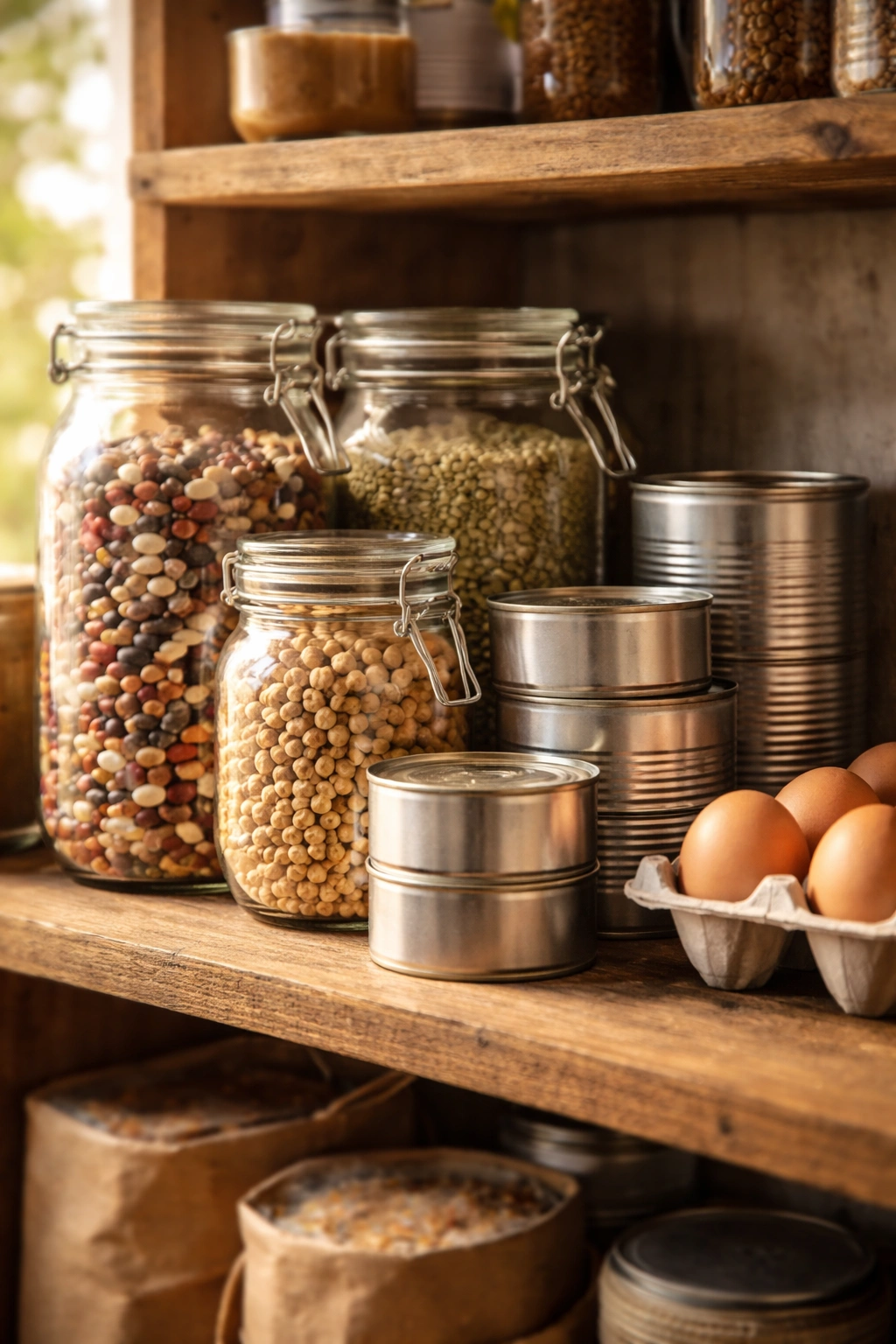 Close-up of dried beans in glass jars and unlabelled cans on a pantry shelf