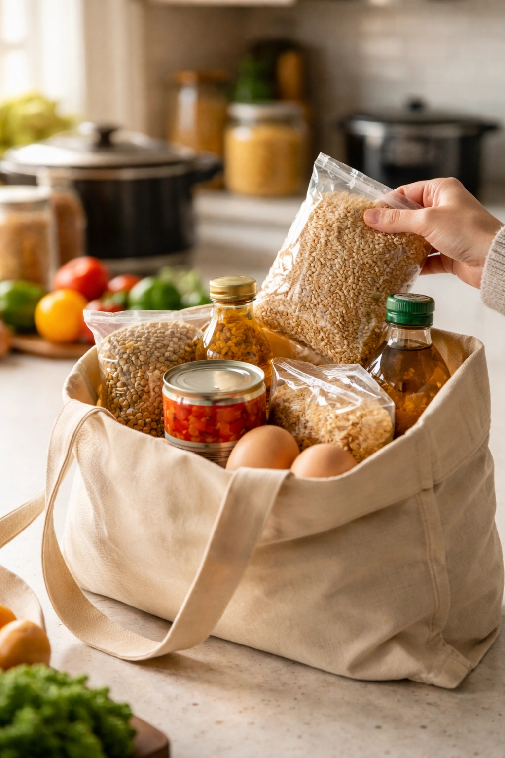 Hand placing a pantry staple into a reusable bag