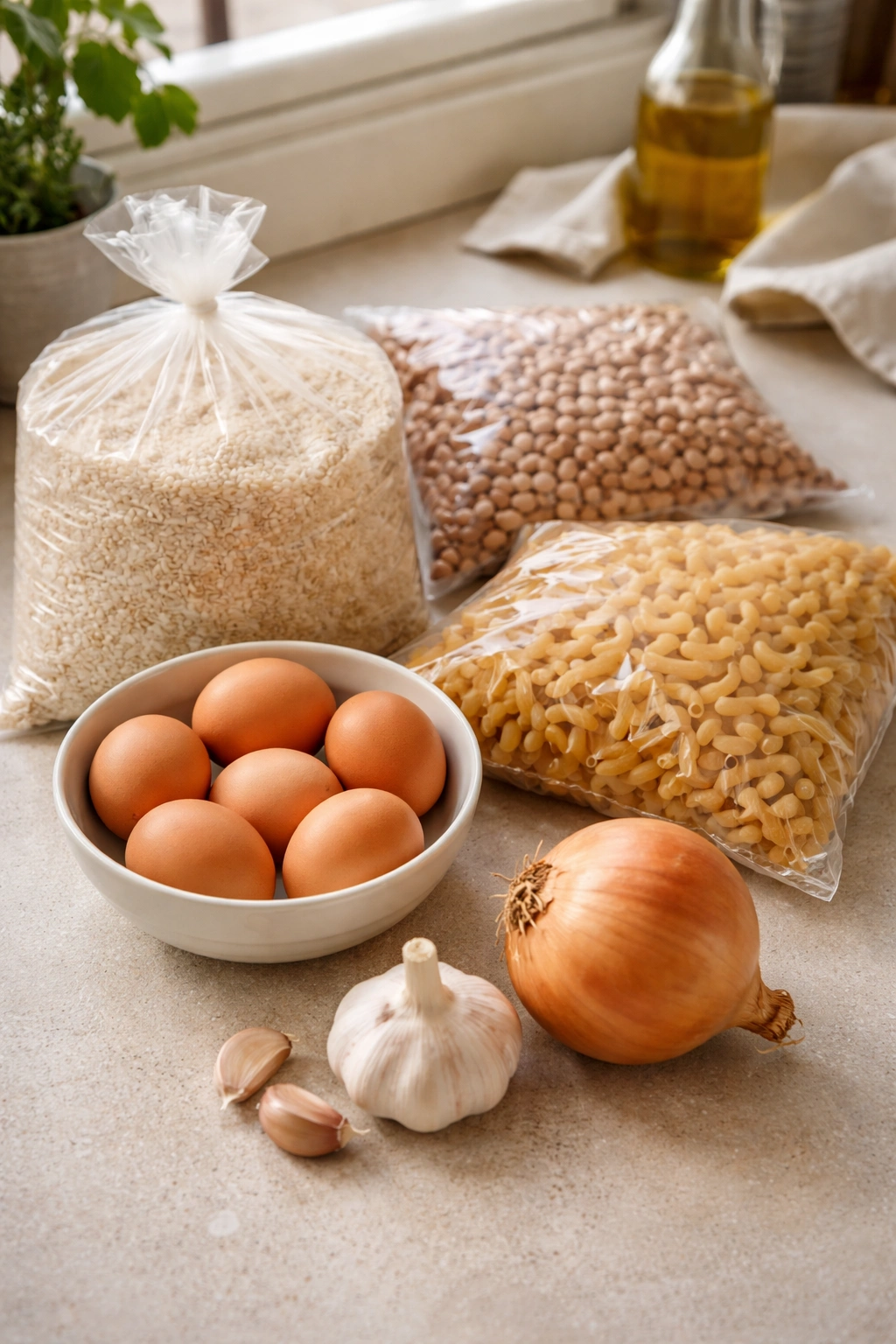 Budget-friendly pantry staples: unbranded rice, beans, pasta, onion, garlic, and eggs on a countertop