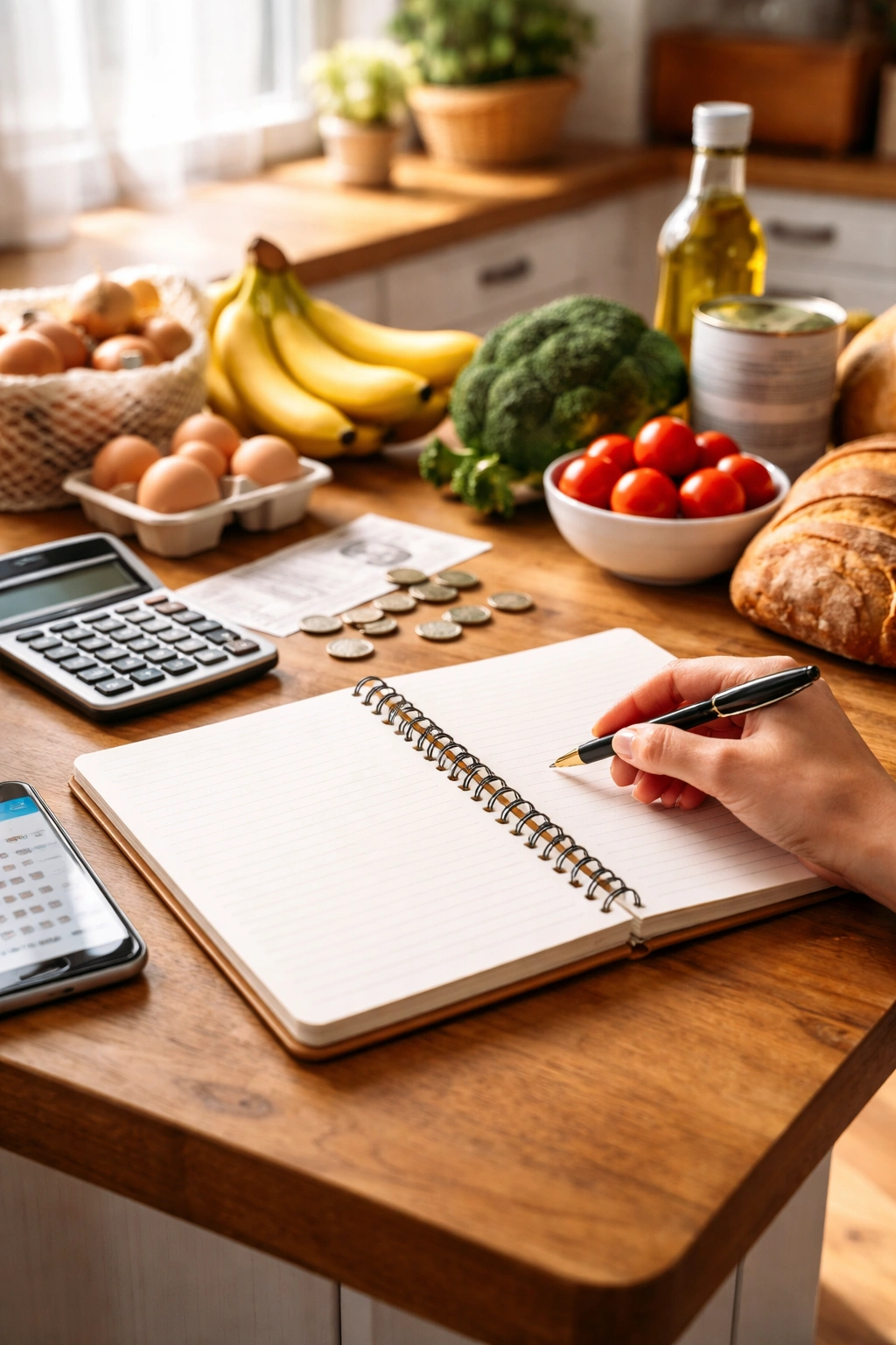 Blank notebook and pen on a kitchen table for budget tracking