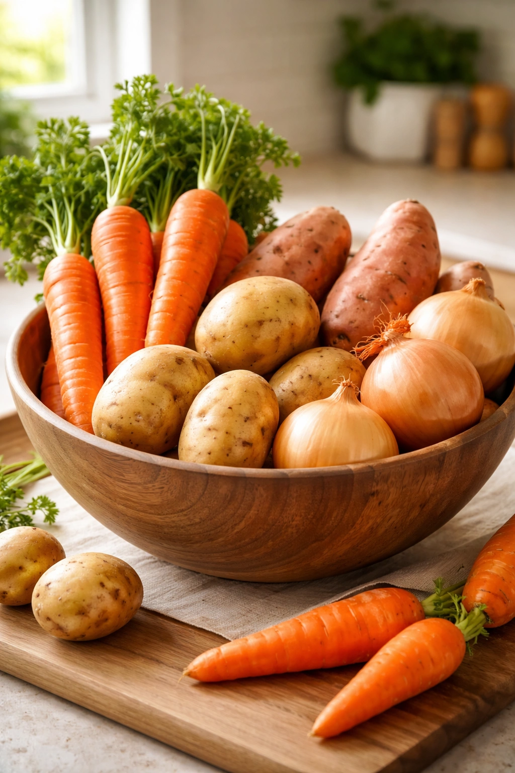 Wooden bowl with root vegetables like carrots, onions, potatoes and sweet potatoes on a counter.