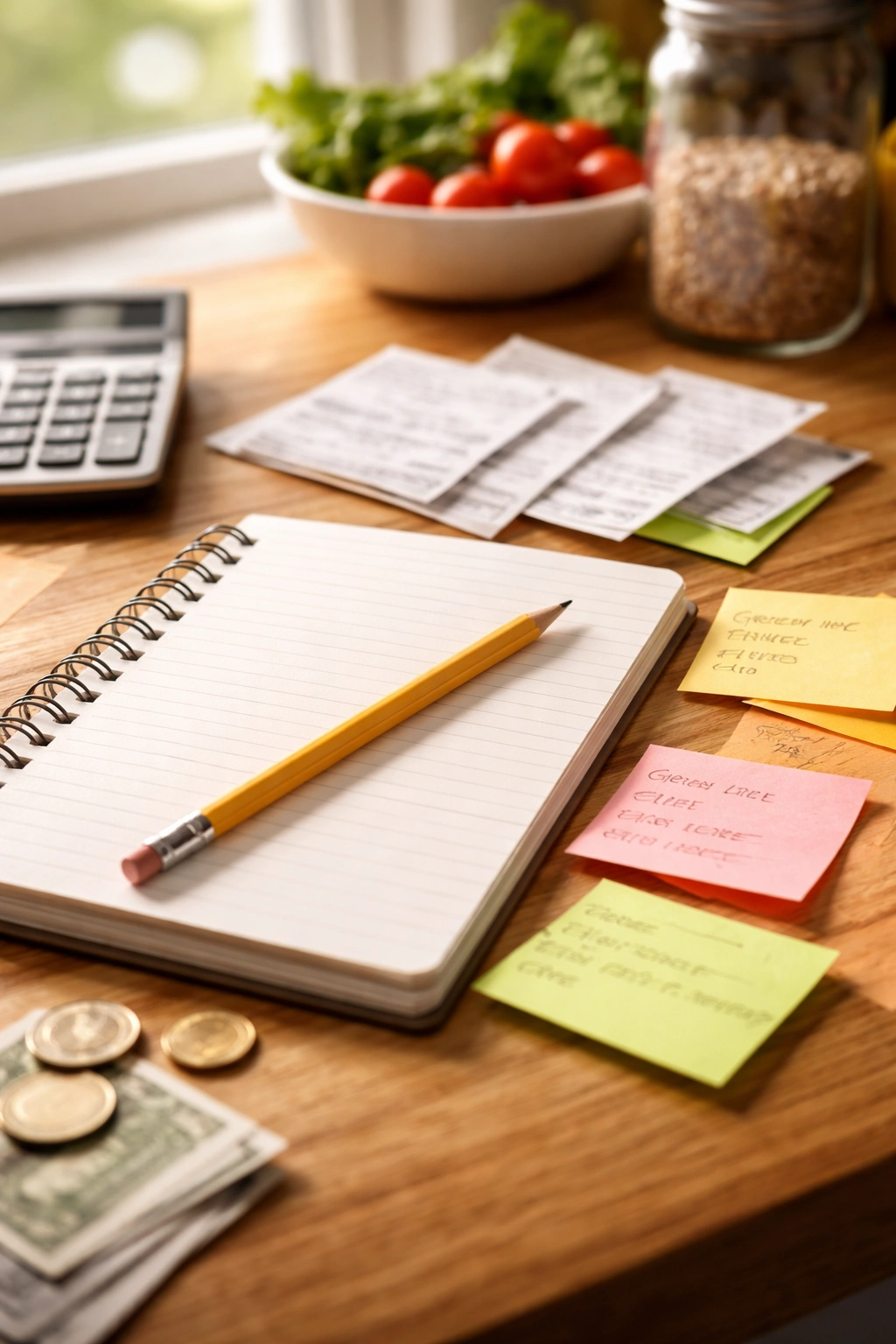 Close-up of a budgeting notebook with a pencil and sticky notes for cost tracking